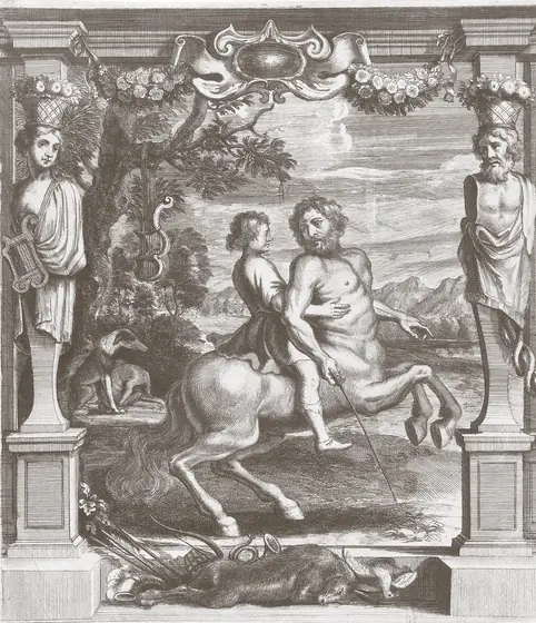 Le centaure Chiron, qui éleva Achille, l'emmène sur son dos ; aux pieds, le gibier de leurs chasses