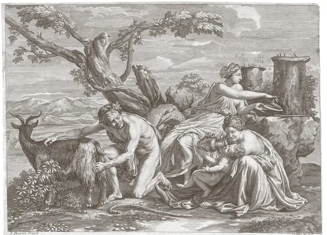 Une nymphe fait boire le petit Zeus pendant qu'un berger tient la chèvre Amalthée