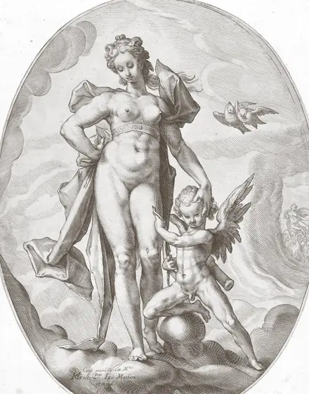 Aphrodite sur les nuages, avec sa ceinture, son fils Éros et deux colombes