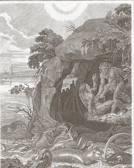 Aristée tient Protée enchaîné à l'entrée de sa grotte, au bord de la mer où dorment les phoques