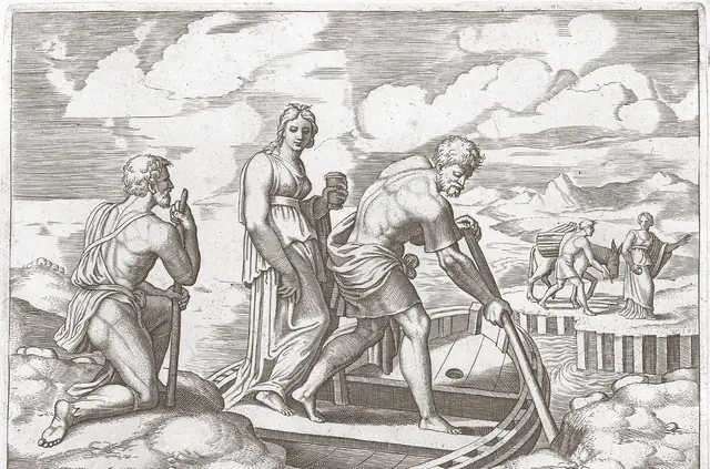 Charon pousse sa barque sur le fleuve des Enfers, avec Psyché à son bord
