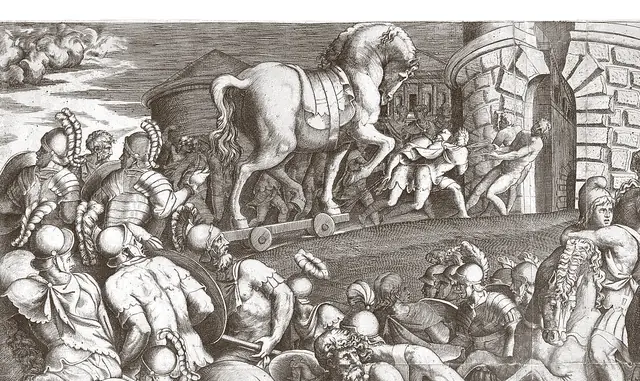 Les Troyens tirent le grand cheval de bois sur ses roues jusqu'aux portes de leur ville