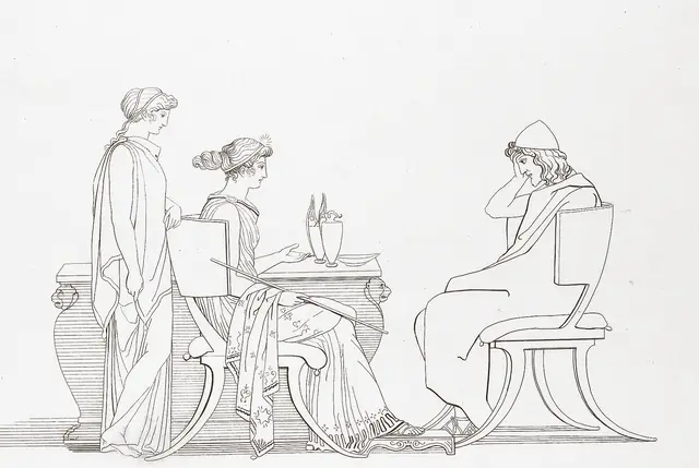 Ulysse, assis à la table de Circé, refuse de manger, devant la déesse et sa baguette