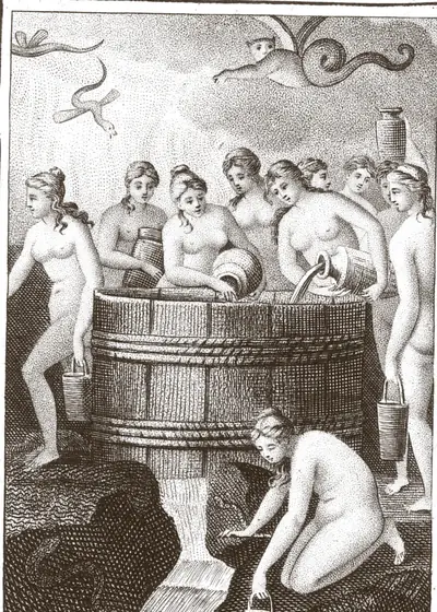 Les Danaïdes versent l'eau de leurs cruches dans un tonneau qui fuit