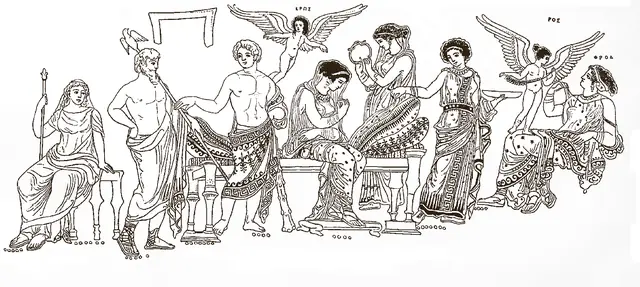 Les noces d'Hébé et d'Héraclès, la mariée voilée assise parmi les dieux et deux Éros