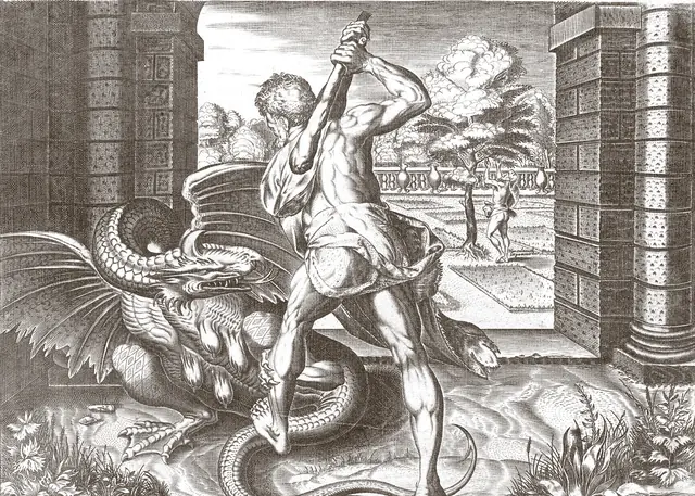 Héraclès tue le dragon Ladon, gardien des pommes d'or