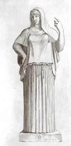 La statue dite Hestia Giustiniani : la déesse debout, voilée, dans sa longue robe