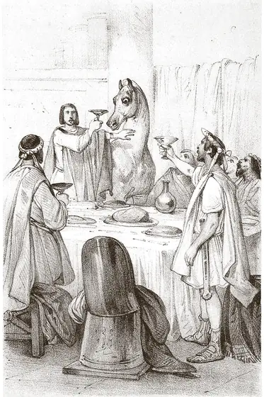 Caligula et ses invités lèvent leur coupe devant Incitatus, attablé avec eux