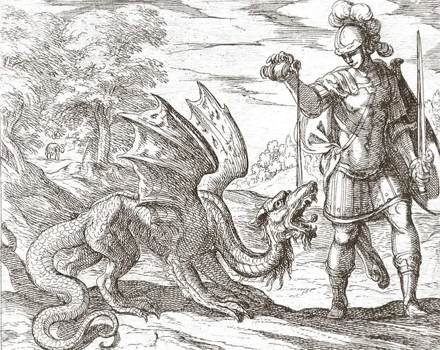 Jason endort le dragon qui garde la Toison d'or, grâce au philtre de Médée