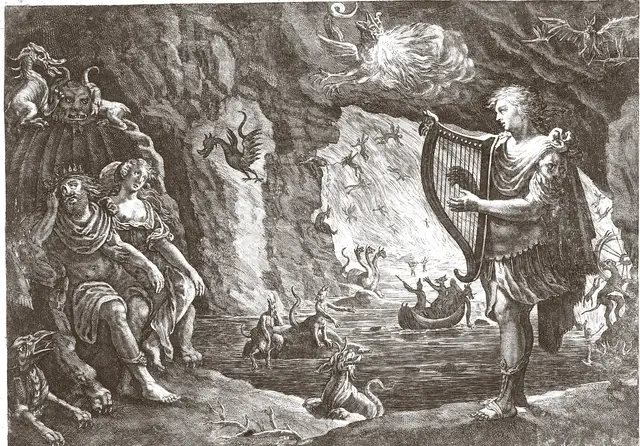 Orphée joue de la harpe devant Hadès et Perséphone, au bord du fleuve des Enfers