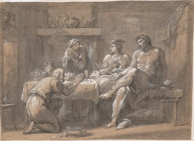 Philémon s'agenouille devant ses deux hôtes, Zeus et Hermès, pendant que Baucis sert la table