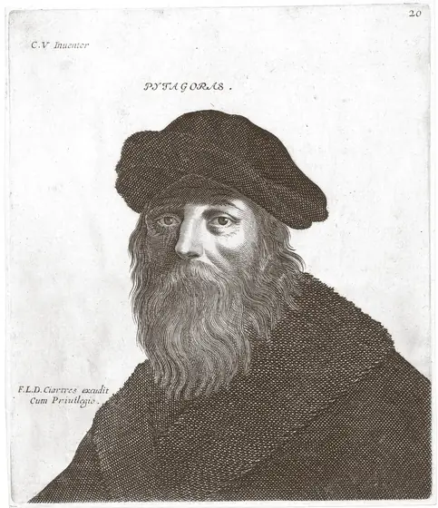Portrait imaginaire de Pythagore, barbu, coiffé d'un bonnet