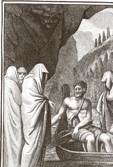 Charon, assis dans sa barque, accueille les ombres des morts