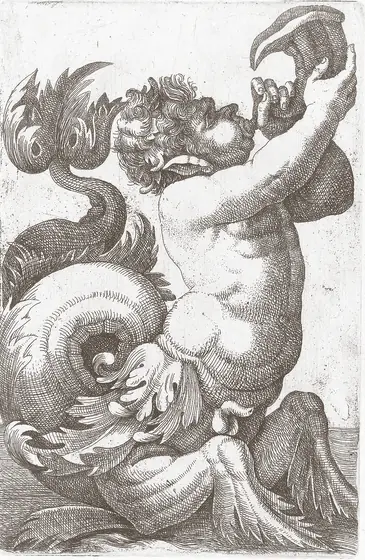 Triton, à la queue de poisson enroulée, souffle dans sa conque