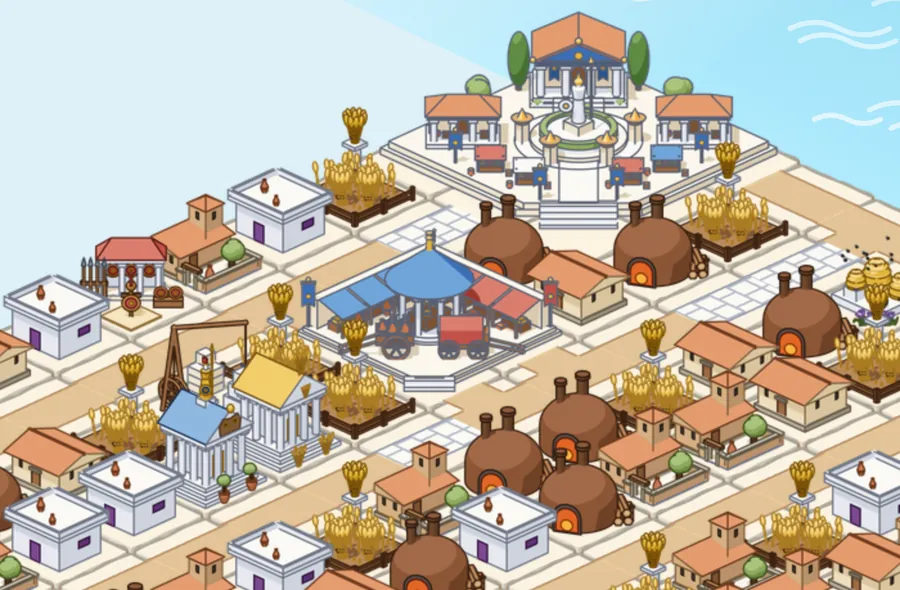 Gros plan sur la cité : l'Agora et sa fontaine, le marché aux toits bleus, deux temples de marbre, des fours, des champs de blé et des maisons