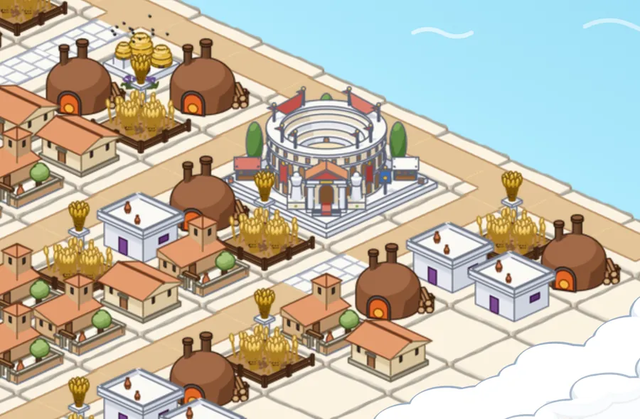 Gros plan sur le Colisée de la cité, entouré de fours, de ruches, de champs de blé et de maisons, au bord de la mer